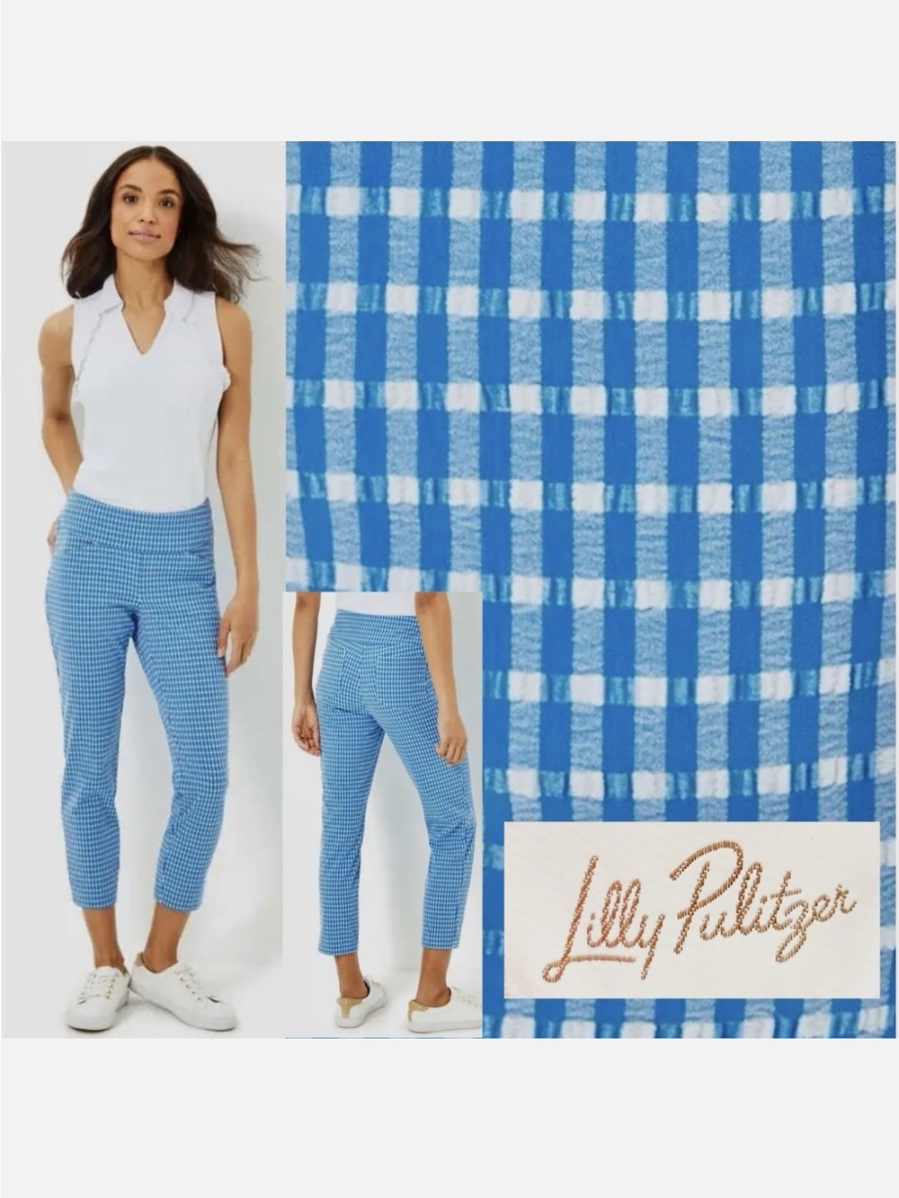 Lilly Pulitzer Blue Gingham Crop Corso Pant UPF 50 Performance Size 16